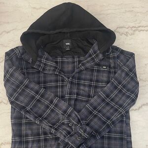 Vans Black Hooded Navy Blue Plaid Flannel Shirt